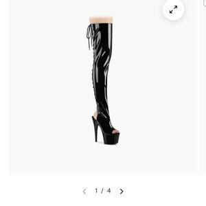Pleaser Thigh High Platform Peep-Toe Stiletto Boot - Black Patent